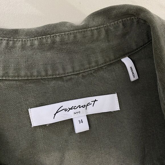 Foxcroft Top Womens 14 Green Tencel Lyocell Chambray Button Up Fringe Hem Grunge - Picture 11 of 12